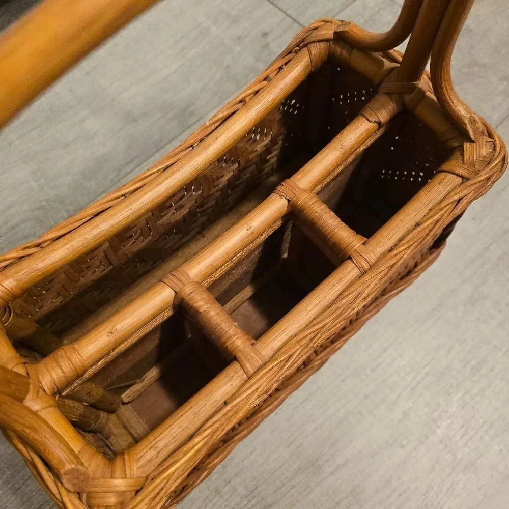 Vintage Bamboo Wicker Basket Utensil Caddy Storage Bohemian Organizer